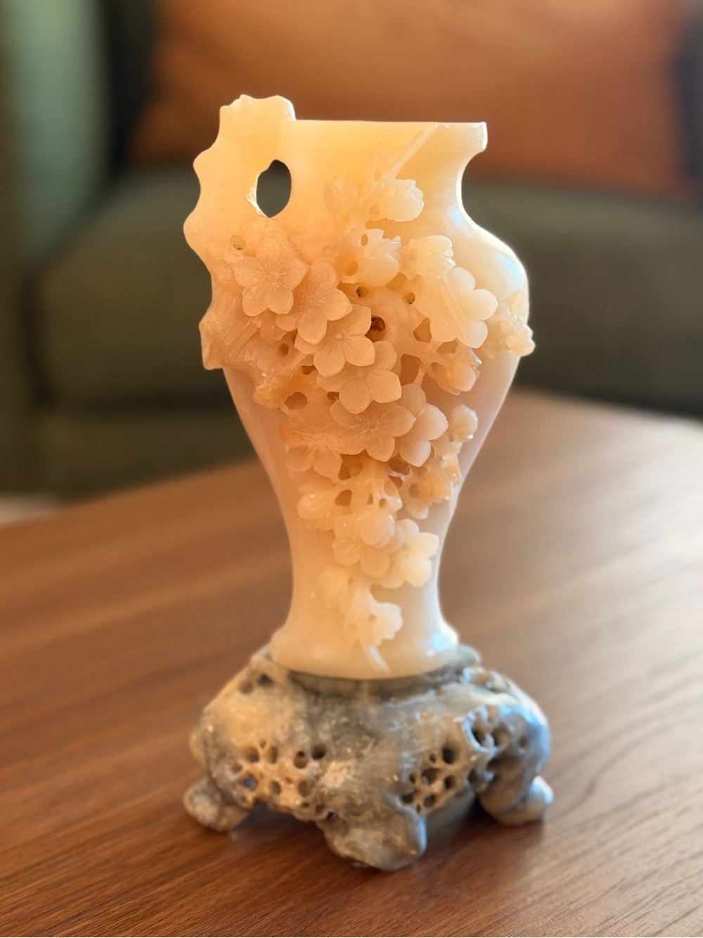 VTG Hand-carved Soapstone Vase W/ Floral Vine and Stone Style Base Relief